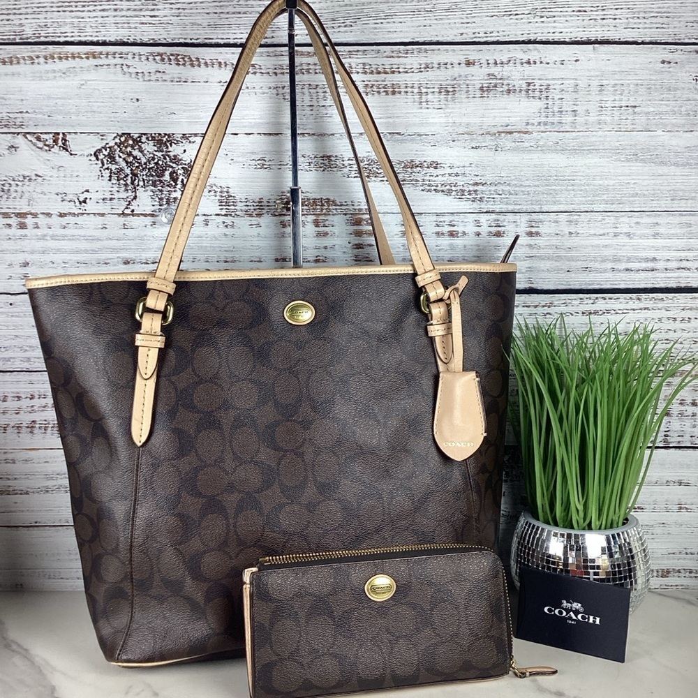 Coach Vintage Peyton Bag Brown Black Signature Tote with Wallet‎ Purse - Picture 2 of 16